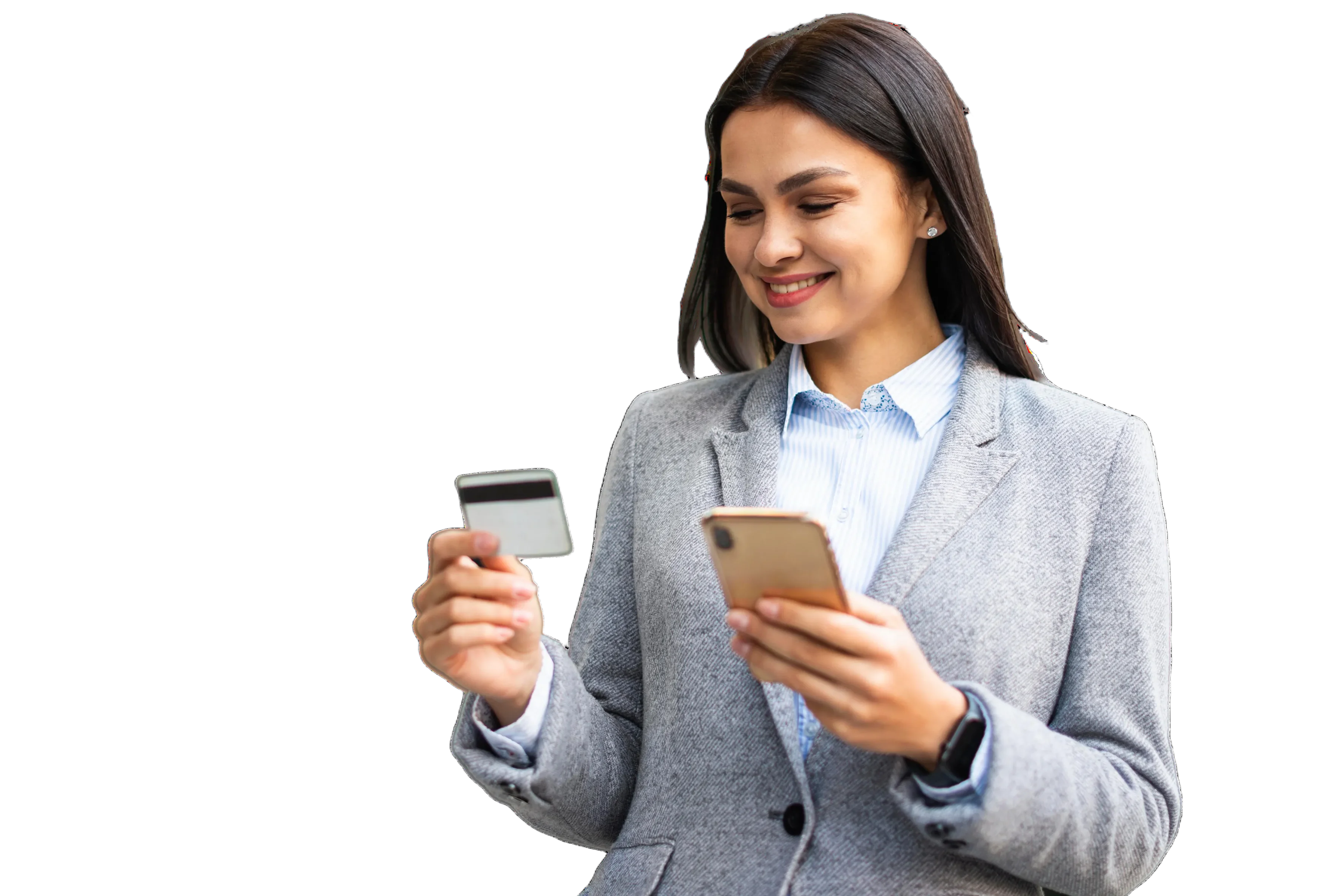 Businesswoman using smartphone and credit card
